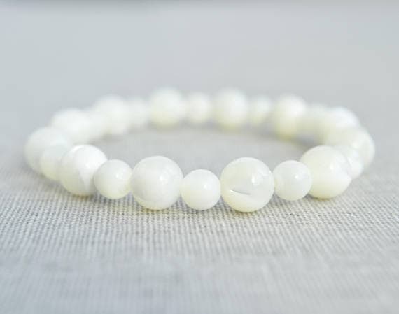 Mother Of Pearl Bracelet - White Stretch Bracelet - Bracelet For Bride - Boho Bridal Jewelry 6mm - 8mm Code- WAR6906