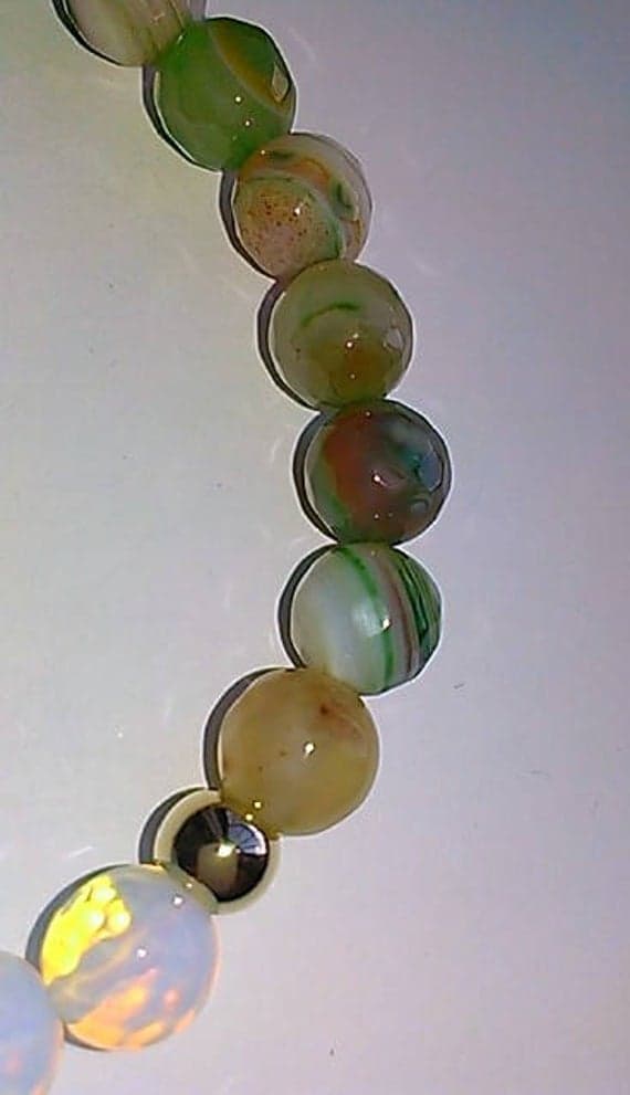 memorial gift Silver HELLING 8mm Stretchable Multi Agate and Opalite Bracelet Round, Smooth 7" for mens, womens, gf, bf & Adult.