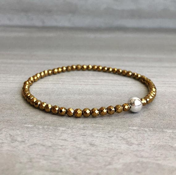 925 sterling silver Unique Wedding Gift 3-5mm Gold Hematite Stretchable Bracelet Round, Faceted 18cm for mens, womens, gf, bf and adults.