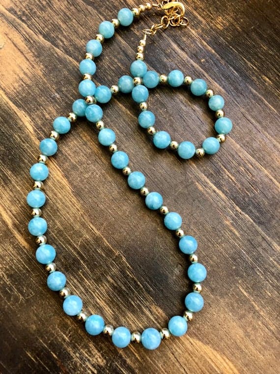 24k gold Plated Jewelry Energy Gold Helling 3-5mm stacking Blue Aquamarine Necklace Round, Smooth 17" for mens, womens, gf, bf & Adult.