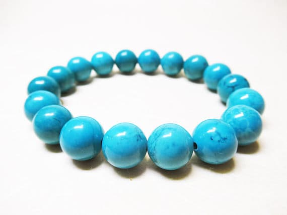 Dainty Slave Loose 10mm Stretchable blue Turquoise Bracelet Round, Smooth 7.5" for mens, womens, GF, BF, Adults.