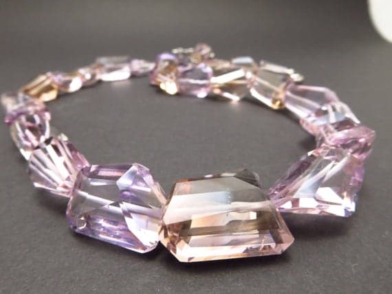 925 sterling Silver Positive Energy 16x15-15x11mm stacking Purple Citrine and Amethyst Necklace Nuggest, Faceted 16" for mens, womens.