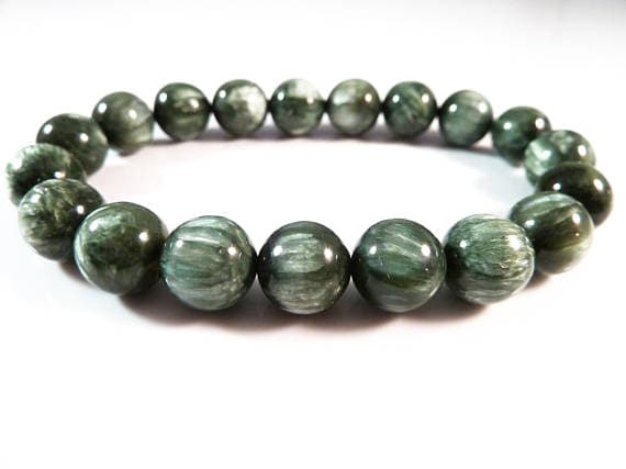 Grounding 10mm Stretchable Green Seraphinite Bracelet Round, Smooth 7.5" for mens, womens, gf, bf & Adult.