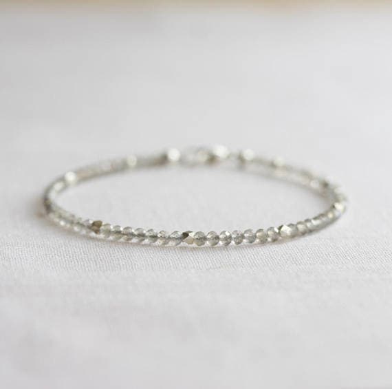 925 sterling Silver Natural Silver Helling 2mm stacking Gray Labradorite Bracelet Round, Faceted 7" for mens, womens, gf, bf & Adult.