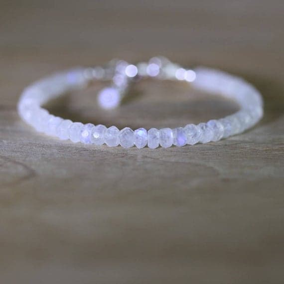 925 sterling Silver Anxiety Gemstone 4mm stacking White Rainbow Moonstone  Bracelet Rondelle, Faceted 7" for mens, womens, gf, bf & Adult.
