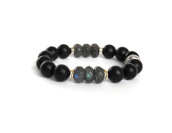 Galaxy Jewelry 10mm Multi Colour Labradorite & Onyx  Stretchable Bracelet Round, Smooth 18cm for mens, womens, gf, bf and adults.