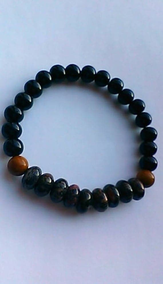 Unique Wedding Gift 4-10mm Stretchable Black Obsidian and Agate Bracelet Rondelle, Smooth 7.5" for mens, womens, gf, bf & Adult.