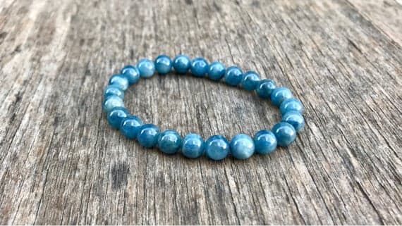 Personalized Gift 7mm Stretchable Blue Aquamarine Bracelet Round, Smooth 7" for mens, womens, gf, bf & Adult.