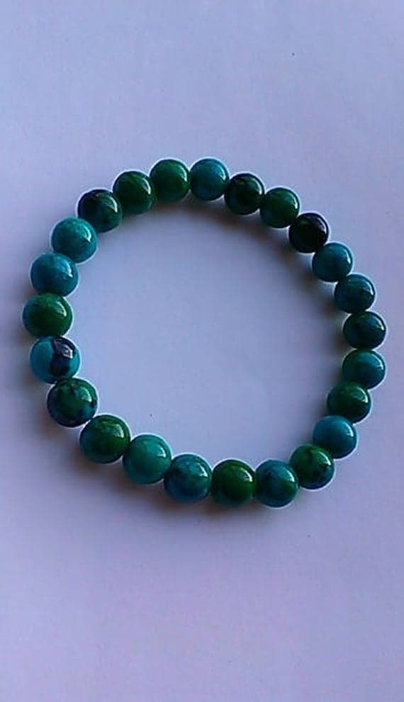 Personalized Gift 8mm Stretchable Green Chrysocolla Bracelet Round, Smooth 7" for mens, womens.
