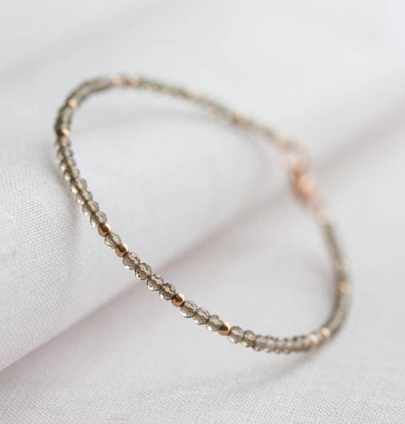 24k gold Plated Handmade Beaded Gold Helling 2.5mm stacking Brown Smoky quartz  Bracelet Round, Faceted 7" for mens, womens, gf, bf & Adult.