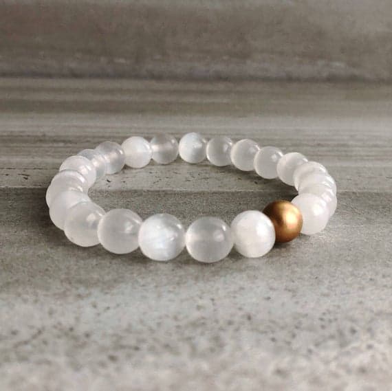 Rose Gold good luck gift 8mm White Selenite Stretchable Bracelet Round, Smooth 18cm for mens, womens, gf, bf and adults.