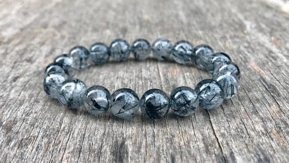 Grounding 9mm Stretchable Black Black Rutilated Quartz Bracelet Round, Smooth 7" for mens, womens, gf, bf & Adult.
