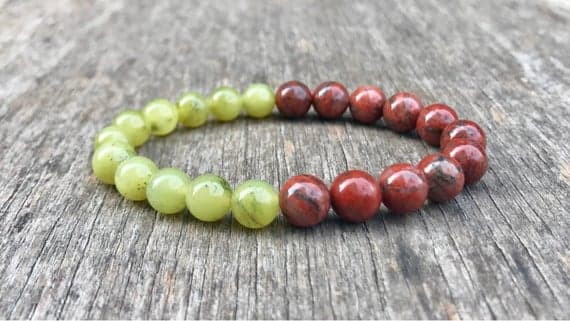 Bridesmaid Jewelry 8mm Stretchable Green & Red Peridot And Red Jasper Bracelet Round, Smooth 7" for mens, womens, gf, bf & Adult.