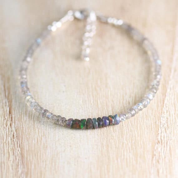 925 sterling Silver Anxiety Relief Calming 3.5mm stacking Multi Black Opal & Labradorite  Bracelet Rondelle, Faceted 7" for mens, womens, gf, bf & Adult.