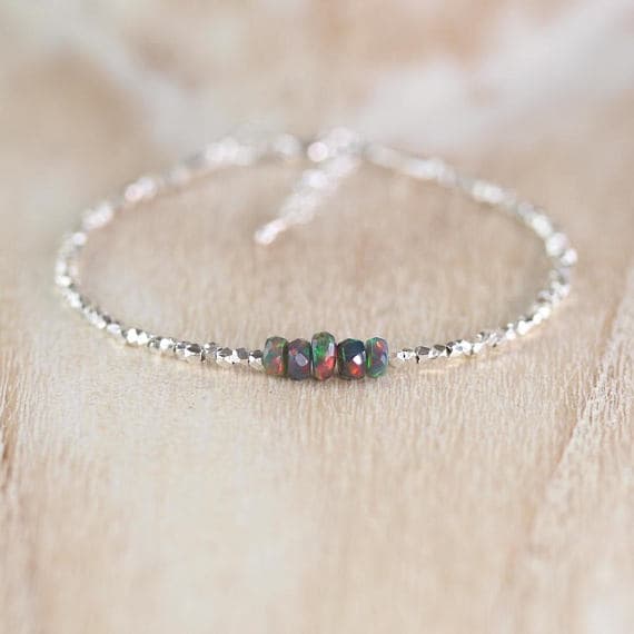 925 sterling Silver Anxiety Relief Calming 4mm stacking Multi Black Opal Bracelet Rondelle, Faceted 7" for mens, womens, gf, bf & Adult.