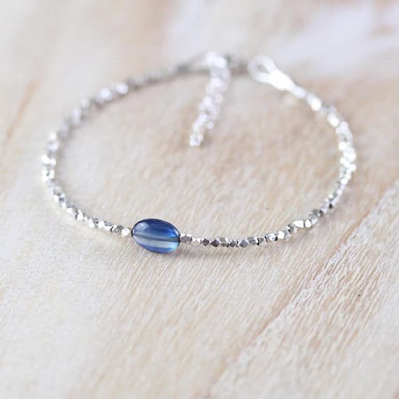 925 sterling Silver Bridesmaid Jewelry Silver Helling 8x5mm stacking Blue Kyanite Bracelet Oval, Smooth 7" for mens, womens, gf, bf & Adult.