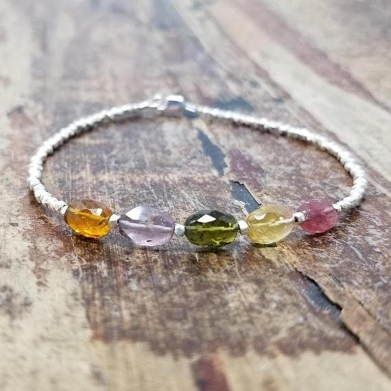 925 sterling silver Anxiety Relief Calming 7x5mm Multi Colour Tourmaline stacking Bracelet Oval, Faceted 18cm for mens, womens, gf, bf and adults.