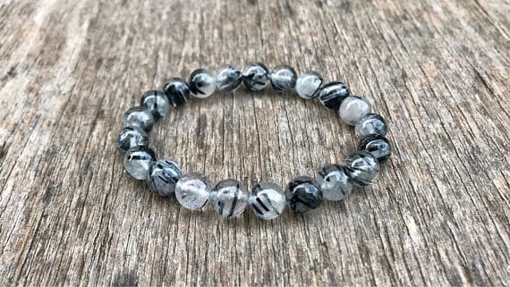 Unique Wedding Gift 8mm Stretchable Black & White Black Rutilated Quartz Bracelet Round, Smooth 7" for mens, womens, gf, bf & Adult.