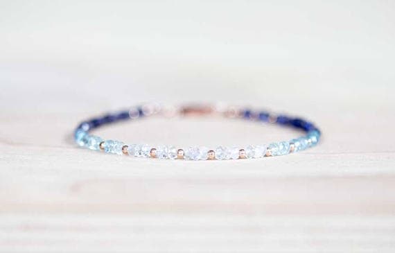 24k gold Natural 3mm Multi Colour Iolite, Aquamarine and Rainbow Moonstone  stacking Bracelet Rondelle , Faceted 18cm for mens, womens, gf, bf and adults.