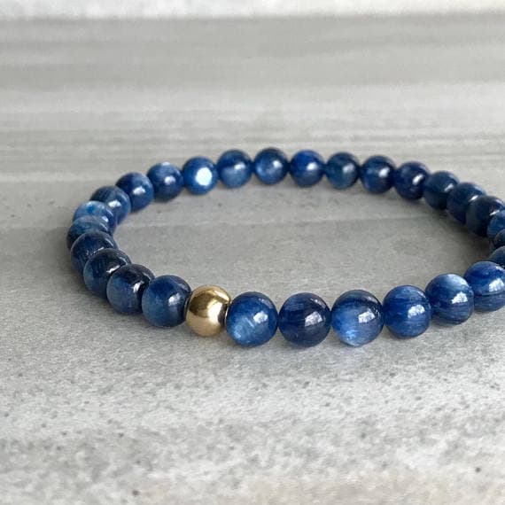 Rose Gold Natural 6mm Blue Kyanite Stretchable Bracelet Round, Smooth 18cm for mens, womens, gf, bf and adults.