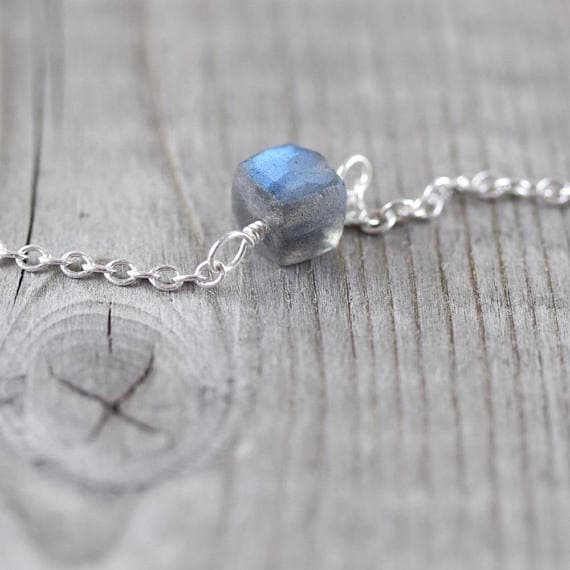 925 sterling Silver memorial gift 5mm stacking Gray Labradorite Necklace Cube, Faceted 16" for mens, womens, gf, bf & Adult.