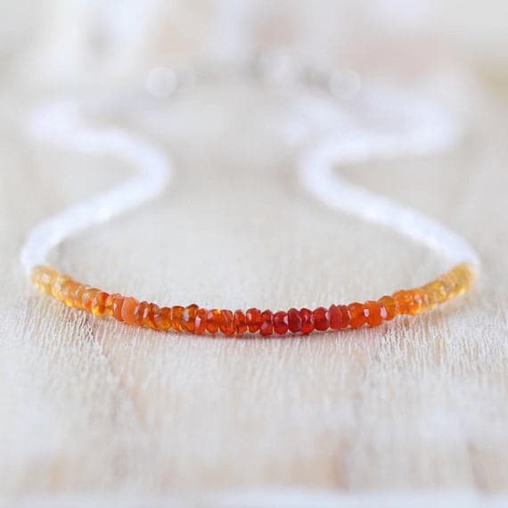 925 sterling Silver top quality 3mm stacking Multi Mexican Fire Opal & Rainbow Moonstone Necklace Rondelle, faceted 16" for mens, womens, gf, bf & Adult.