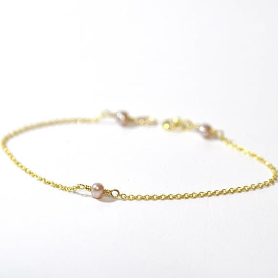 24k gold Plated Super sale 3-4mm stacking Pink Pink Pearl Solitaire  Bracelet Round, Smooth 7" for mens, womens, gf, bf & Adult.