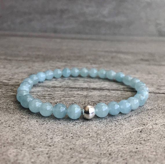 925 sterling silver Galaxy Jewelry 6mm Sky Blue Genuine Aquamarine Stretchable Bracelet Round, Smooth 18cm for mens, womens, gf, bf and adults.