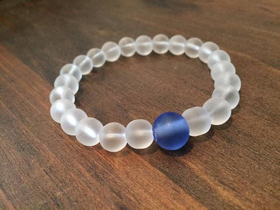 Jewelry Energy 8mm Stretchable White clear sea glass  Bracelet Round, Smooth 7" for mens, womens.
