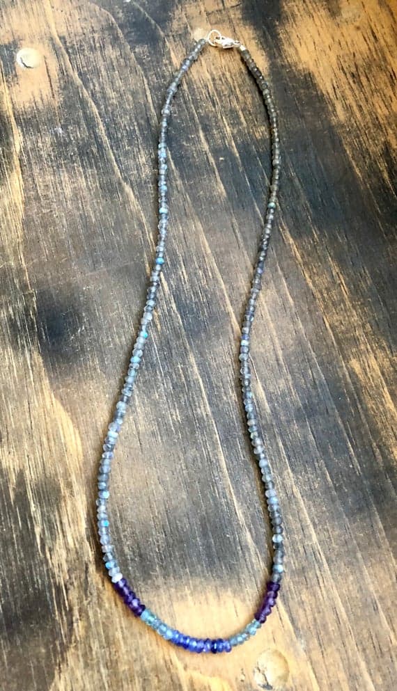 925 sterling Silver good luck gift 3-4mm stacking Multi Tanzanite, Amethyst, Labradorite & Apatite  Necklace Rondelle, Faceted 16" for mens, womens, gf, bf & Adult.