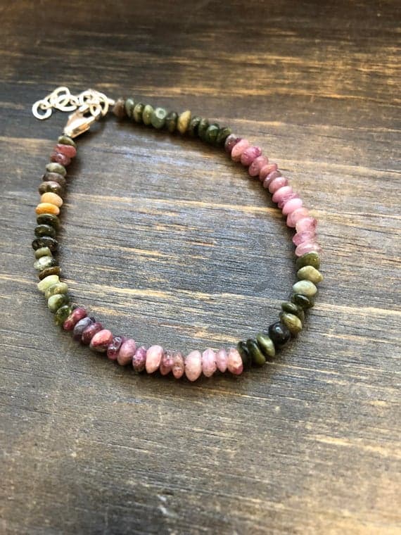 925 sterling Silver chakras simple 4mm stacking Multi Tourmaline Bracelet Rondelle, Smooth 7" for mens, womens, gf, bf & Adult.