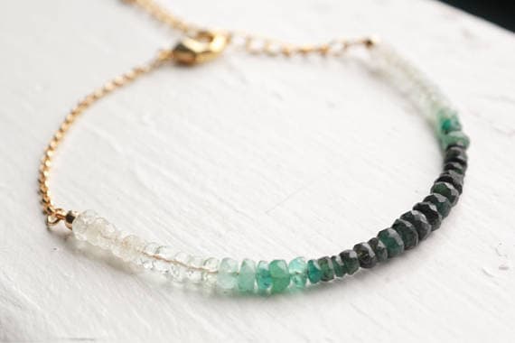 24k gold Plated memorial gift Gold HELLING 4mm stacking Green Emerald Ombre Bracelet Round, Faceted 7" for mens, womens, gf, bf & Adult.