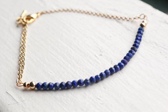 24k gold Plated Natural Gold Helling 3-4mm stacking Blue Lapis Lazuli  Bracelet Round, Faceted 7" for mens, womens, gf, bf & Adult.