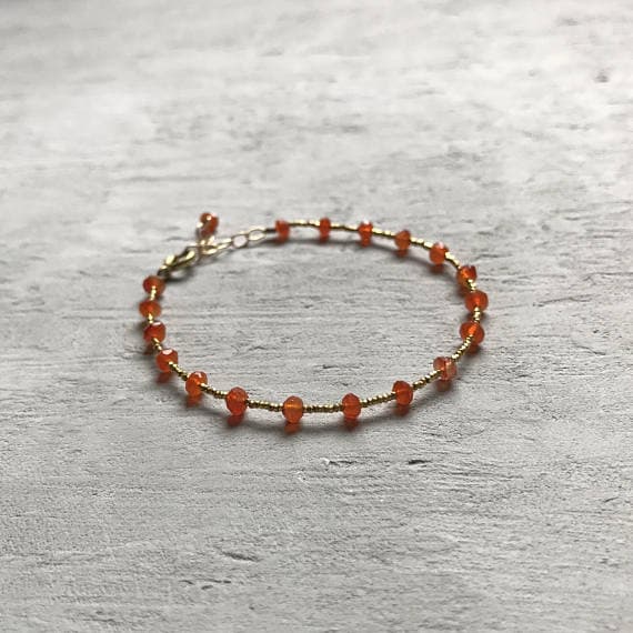 24k gold Plated Anxiety Relief Calming Gold Helling 3-4mm stacking Orange carnelian Bracelet Rondelle, Faceted 7" for mens, womens, gf, bf & Adult.