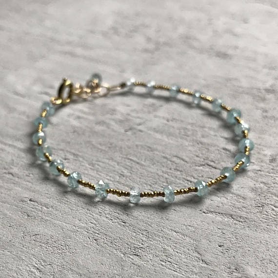 24k gold Plated Rock Gift Gold Helling 3-4mm stacking Blue aquamarine Bracelet Rondelle, Faceted 7" for mens, womens, gf, bf & Adult.