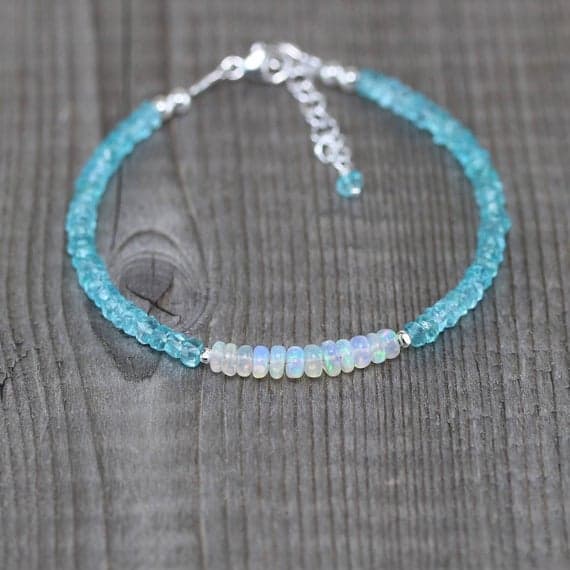 925 sterling Silver Empath Protection 3.5mm stacking Multi Aqua Apatite & Opal Bracelet Rondelle, Faceted & Smooth 7" for mens, womens, gf, bf & Adult.