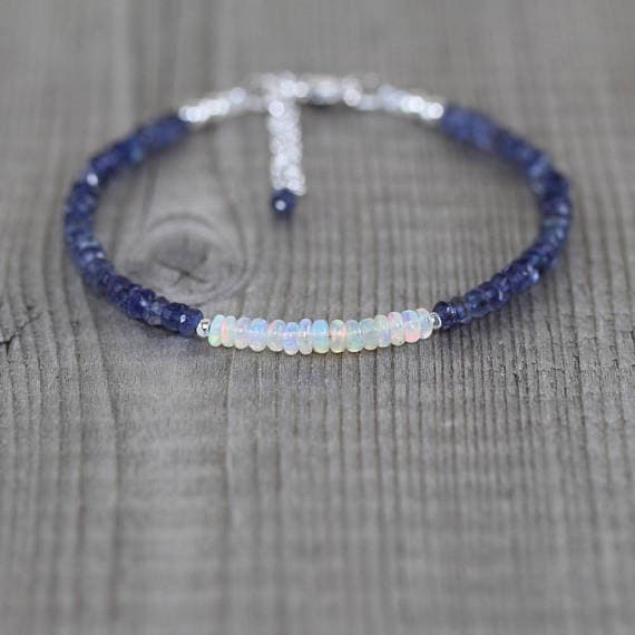925 sterling Silver Bridesmaid Jewelry Silver Helling 3.5mm stacking Multi Ethiopian Opal & Iolite  Bracelet Rondelle, Faceted & Smooth 7" for mens, womens, gf, bf & Adult.