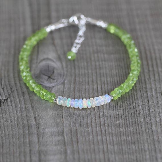925 sterling Silver Blush Jewelry Silver Helling 3.5mm stacking Multi Ethiopian Opal & Peridot Bracelet Rondelle, Faceted & Smooth 7" for mens, womens, gf, bf & Adult.