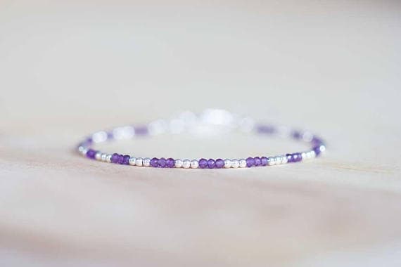 925 sterling silver Galaxy Jewelry 2mm Purple Amethyst stacking Bracelet Round, Faceted 18cm for mens, womens, gf, bf and adults.