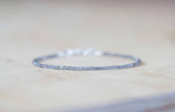 925 sterling silver Positive Energy 2mm Gray Labradorite stacking Bracelet Round, Faceted 18cm for mens, womens, gf, bf and adults.