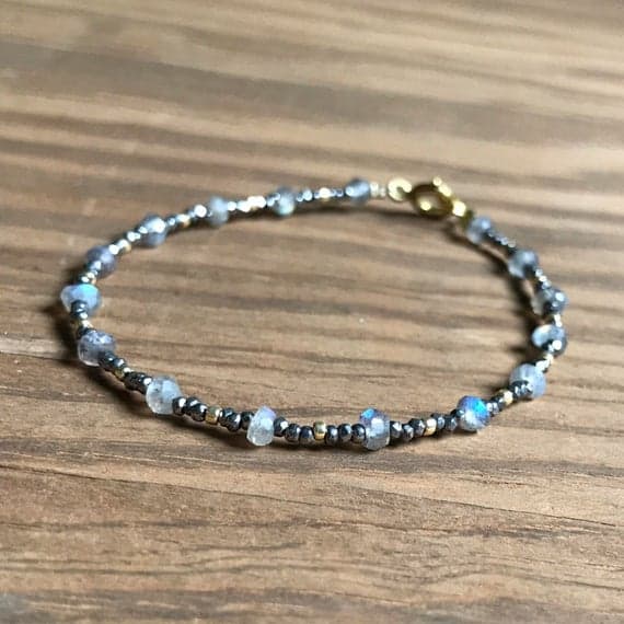 24k gold Plated Artisan Loose Gold Helling 2-3mm stacking Gray labradorite Bracelet Rondelle, Faceted 7" for mens, womens, gf, bf & Adult.