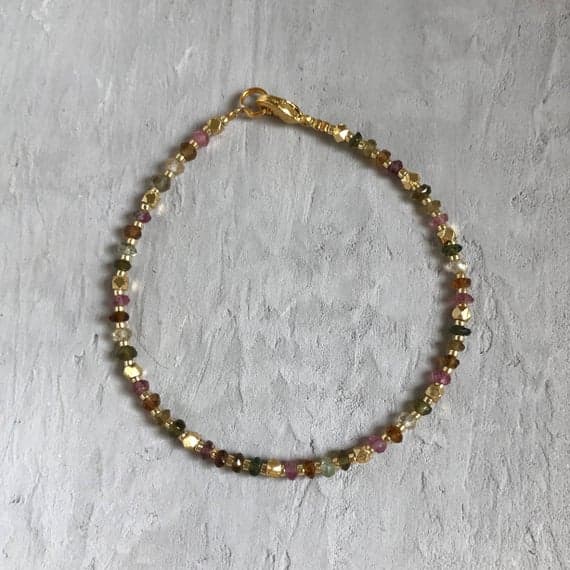 24k gold Plated Natural 3-4mm stacking Multi watermelon tourmaline Bracelet Rondelle, Faceted 7" for mens, womens, gf, bf & Adult.