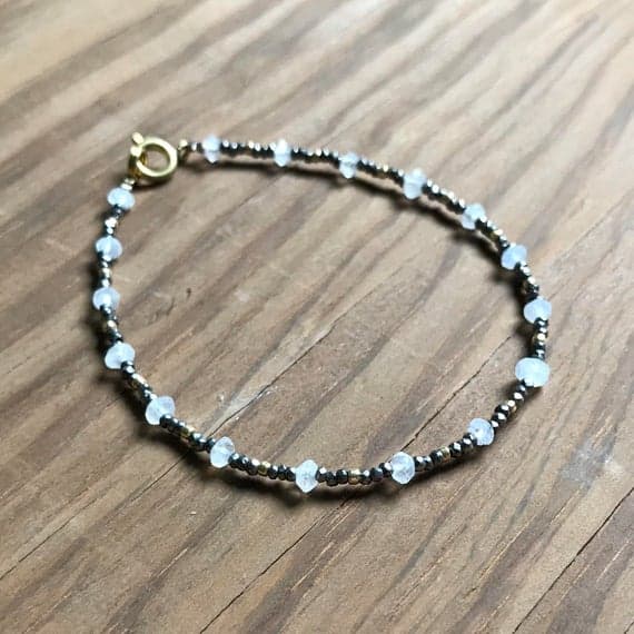 925 sterling Silver Handmade Beaded Silver Helling 2-3mm stacking White rainbow moonstone  Bracelet Rondelle, Faceted 7" for mens, womens, gf, bf & Adult.
