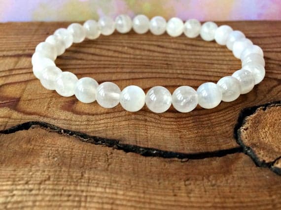 Natural 6mm Stretchable White Moonstone Bracelet Round, Smooth 7" for mens, womens, gf, bf & Adult.