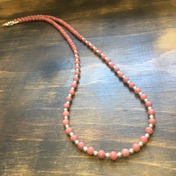 925 sterling Silver memorial gift Silver Helling 3-5mm stacking Pink Rhodonite Necklace Round, Smooth 22" for mens, womens, gf, bf & Adult.