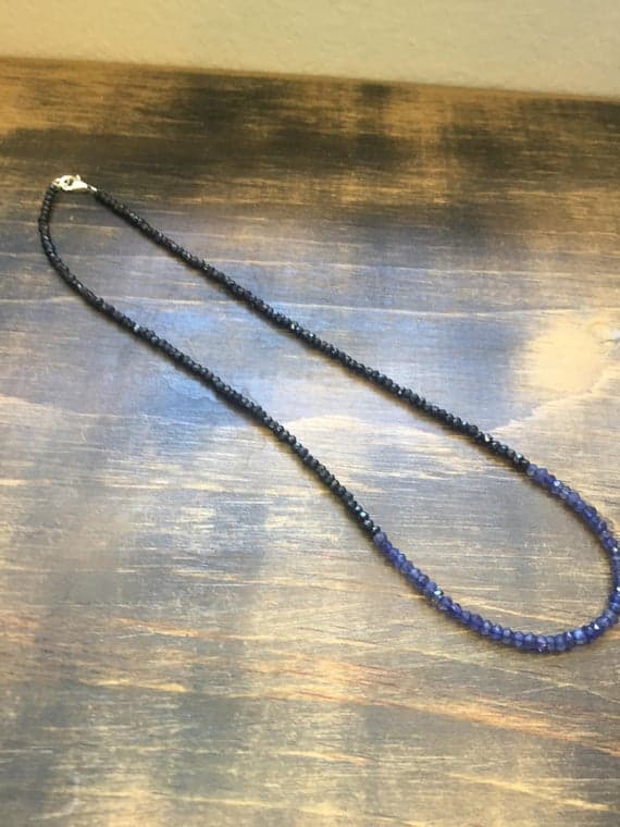 925 sterling Silver love beach youth 3-4mm stacking black & Blue Iollite, Black Spinel Necklace Rondelle, Faceted 18" for mens, womens, gf, bf & Adult.