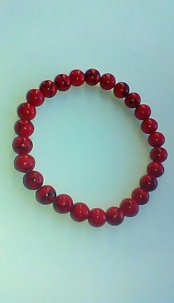 Anxiety Gemstone 8mm Stretchable Black & Red Red and Black Magnesite  Bracelet Round, Smooth 7" for mens, womens.