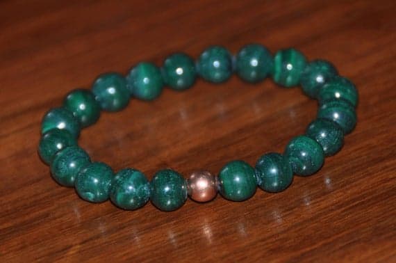 Rose Gold chakras simple 10mm Green Malachite Stretchable Bracelet Round, Smooth 18cm for mens, womens, gf, bf and adults.