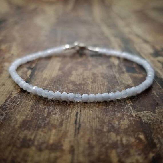 925 sterling silver Natural 2mm White Blue Lace Agate  stacking Bracelet Round, Faceted 18cm for mens, womens, gf, bf and adults.