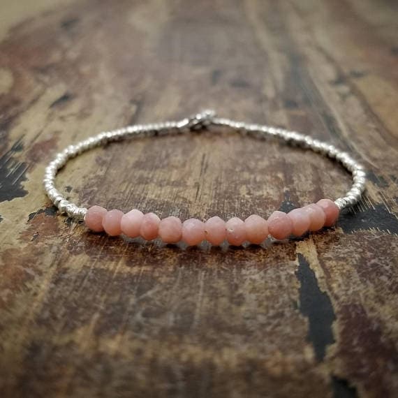 925 sterling silver Galaxy Jewelry 3.5mm Pink Pink Opal  stacking Bracelet Round, faceted 18cm for mens, womens, gf, bf and adults.
